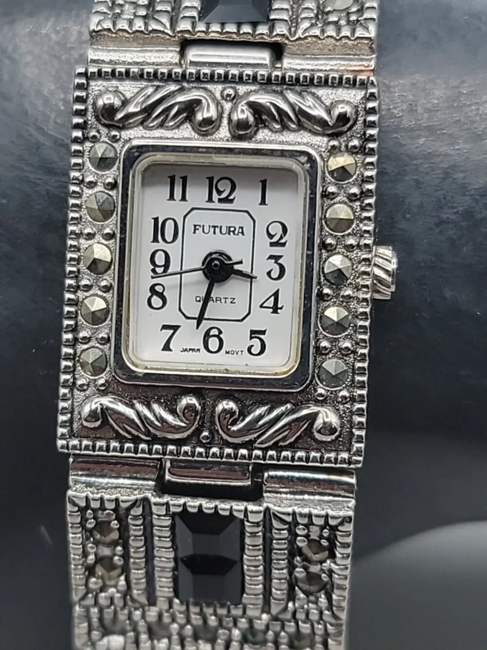 Futura Tank Ladies Quartz Watch 20mm Dial Marcasites Silver Tone 6.5” Band